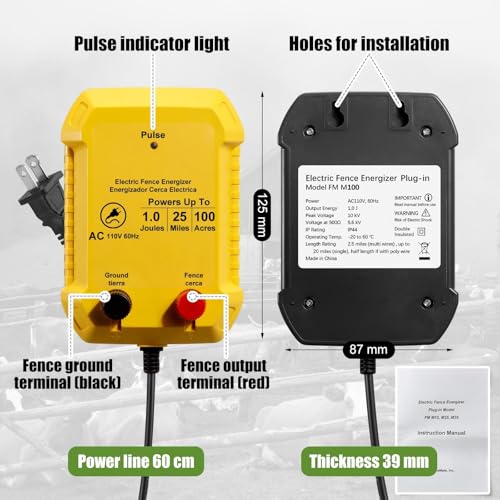 MorningRo Electric Fence Charger Set 110VAC 1 Joule Electric Plug in Fence to Contain Pet Poultry Keep Rodent, 50 Black Insulator and 1 Socket Tool 250ft Aluminum Wire for Garden Pond Protection - style: 1 Joule