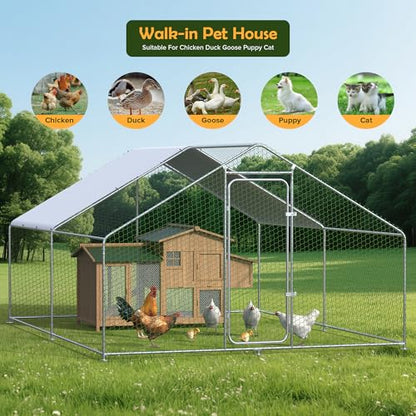 Metal Chicken Coop with Cover for Yard Large Walk-in Chicken Runs for 20 Chickens with Galvanized Steel Frame for Outdoor Heavy Duty Spire Roof Poultry Cage for Hen Duck Rabbits Goose Puppy