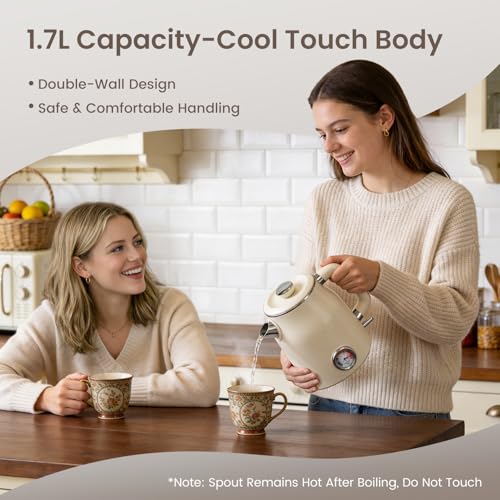 Mecity Retro Electric Kettle 1.7L, Stainless Steel Interior, Food-Grade Silicone Water Contact, Double Wall Cool Touch, 1500W Fast Boil, Thermometer (°F/°C), Wide Opening, Cream - color: Cream