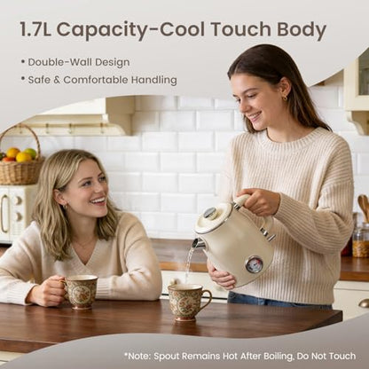 Mecity Retro Electric Kettle 1.7L, Stainless Steel Interior, Food-Grade Silicone Water Contact, Double Wall Cool Touch, 1500W Fast Boil, Thermometer (°F/°C), Wide Opening, Cream - color: Cream