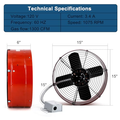 Criditpid 15" Gable Mount Vent Attic Fan, Exhaust Ventilation Fan with Adjustable Thermostat for Gable, Home, Shed, Garage, Portable Building, 3.4A, 1300CFM, 1075RPM, 1850 Sq.Ft Coverage Area, Red. - color: 1300CFM