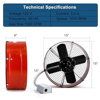 Criditpid 15" Gable Mount Vent Attic Fan, Exhaust Ventilation Fan with Adjustable Thermostat for Gable, Home, Shed, Garage, Portable Building, 3.4A, 1300CFM, 1075RPM, 1850 Sq.Ft Coverage Area, Red. - color: 1300CFM