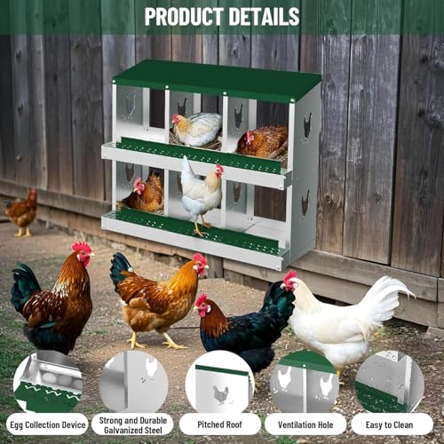 Chicken Nesting Box with 6 Compartments, Durable Metal Laying Box with Perch and Secure Lid, Versatile Wall Mounted or Free Standing Design, Easy to Clean Chicken Coop Accessory, Green