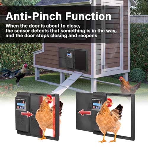 Large Automatic Chicken Coop Door, Side Opening Poultry Entry with Timer Control, Anti-Pinch Safety, Battery or USB Power, LCD Screen, Quick Install for Backyard Chicken House - color: Black