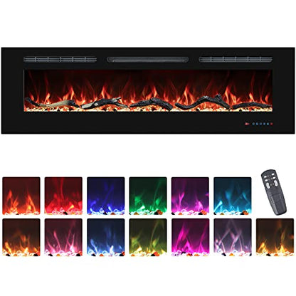 50" Electric Fireplaces Inserts, Recessed & Wall-Mounted Fireplace Heater with Thermostat, Multicolor Flames,Timer, Log & Crystal, 750/1500W - size: 50 inch