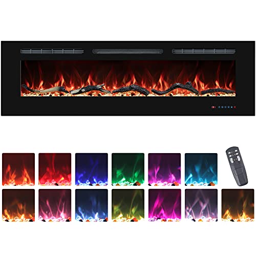 60'' Electric Fireplaces Inserts, Recessed & Wall-Mounted Fireplace Heater with Thermostat, Multicolor Flames,Timer, Log & Crystal, 750/1500W, Black - size: 60 inch