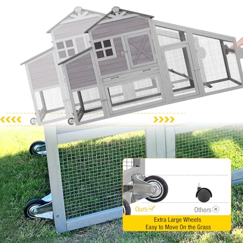 Aivituvin Chicken Coop Mobile Chicken House on Wheels Expandable Wooden Poultry Cage with Large Nesting Box Leakproof Pull-Out Tray Rabbit Hutch Bunny Cage,UV-Resistant Roof (Grey，AIR32) - size: 73.4"L x 27.9"W x 43.2"H