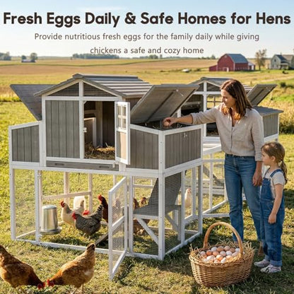 Extra Large Connected Chicken Coop with Center Run for 6–10 Chickens, Dual Wooden Hen Houses, 2-Tier Elevated Design, Nesting Boxes, Pull-Out Tray, Reinforced Frame, Grey - color: Grey