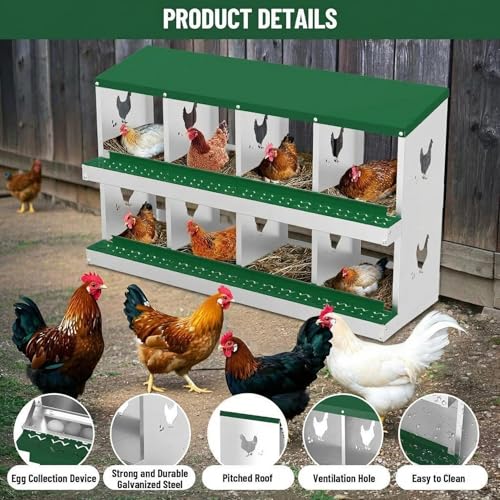 IDEALHOUSE Chicken Nesting Box, Galvanized Steel Laying Box with Rustproof & Roll-Away Egg Design, for Hens, Green 8 Compartment No Bracket - color: Green, size: 8 compartments (without bracket)