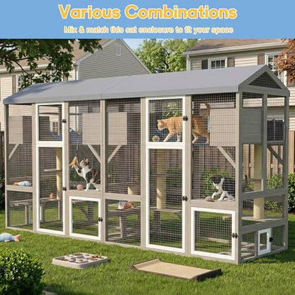 Ketive Catio Outdoor Cat Enclosure Large Walk-in Cat House with Gable Roof, Multi-Level Platforms, Cat Hammock & Litter Box Shelf, Elevated Wooden Cat Shelter for Multiple Cats - size: 61.5"L x 34"W x 66.54"H