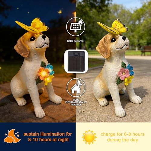 Solar Dog Garden Statues Decor, Outdoor Fairy Dogs Figurines Accessories Decorations with LED Lights Home Patio Balcony Yard Lawn Ornaments, Unique Thanksgiving Gifts for Mom Women Dad Friends - style: butterfly dog