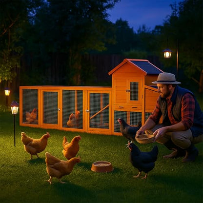 122" Large Chicken Coop Wooden Backyard Hen House - Indoor Outdoor Poultry Pet Hutch Garden Backyard Cage 2 Story Poultry Cage with Run, Chicken Nesting Box, Pull Out Trays and Anti-Slip Asphalt Ramp - color: Natural