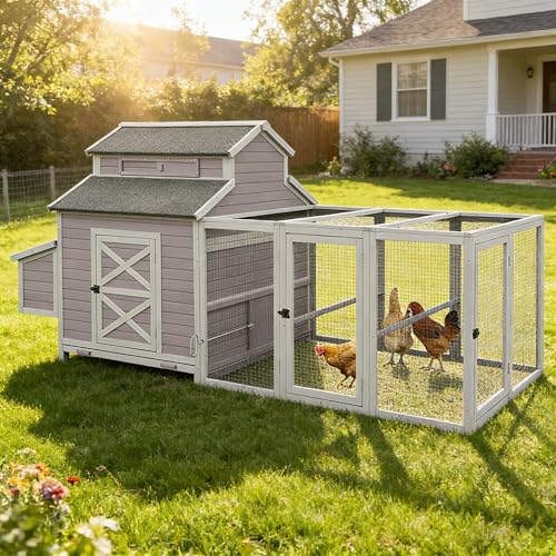 Aivituvin Extra Large Chicken Coop, Outdoor Rabbit Hutch Chicken Coop, Nesting Box, Leakproof Pull-on Tray and Ramps, Wooden Hen House for 6-10 Hens (Grey, AIR49) - color: Grey, size: AIR49