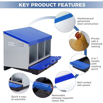 Garvee Nesting Boxes for Chickens - 3 Compartment Metal Stainless Steel Chicken Nesting Boxes with Pull-Out Trays,Hen Roosting & Laying Eggs,Roll Away Design,Easy to Install and Easy to Clean - color: Blue, size: 3 Holes