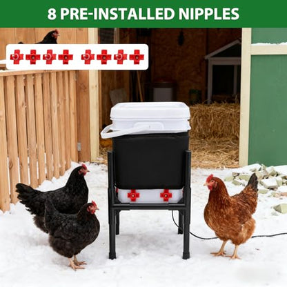 Heated Chicken Waterer,5 Gallon Chicken Poultry Water Heater with Stand for Winter with 8 Nipples + 4 Extras (black, 5 Gallon) - size: 5 Gallon
