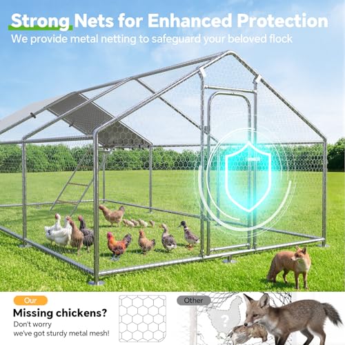 Large Metal Chicken Coop with Weatherproof Cover and Multi-Purpose Chicken Run for Chickens, Ducks, Rabbits, Farm and Yard Animal Pen (10’ W x 19.7’ L x 6.4’ H, Spire Roof-Roosting Perch) - size: 20x10Ft - Spire