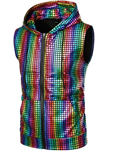 ZEROYAA Mens Shiny Metallic Zip Up Sleeveless Hooded Vest T Shirt with Kangaroo Pocket - color: Multicolour Sequin, size: X-Large
