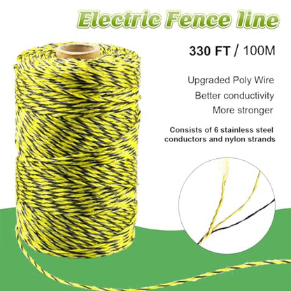 330 Feet Electric Fence Polywire, 100 Meters 1/8" Diameter Portable Electric Fencing Poly Wire Rope Line 6 Steel Strands for Reliable Conductivity & Rust Resistance - size: 330 Ft