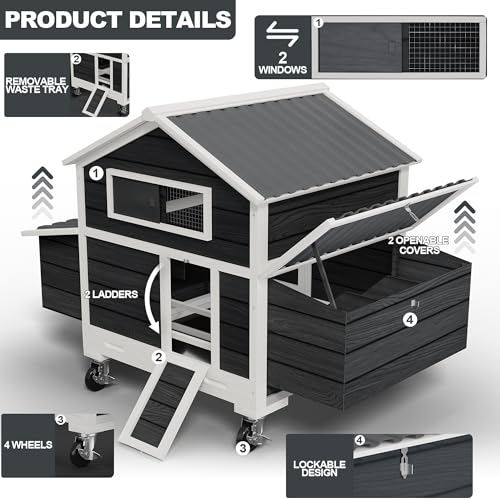 Chicken Coop on Wheels, Large Mobile Wooden Hen House for 4-6 Chickens, Outdoor Poultry Cage with Nesting Box, Chicken House for Outside Farm Backyard - size: 60.2"L x 35.4"W x 57.8"H