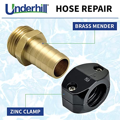 Underhill Garden Hose Repair Kit, Clamp Connectors, Clamps with Coupling, Heavy-Duty Brass Fittings, Menders with Clamp (5/8" Male Mender Clamp) - size: 5/8", style: 5/8" Male Mender Clamp