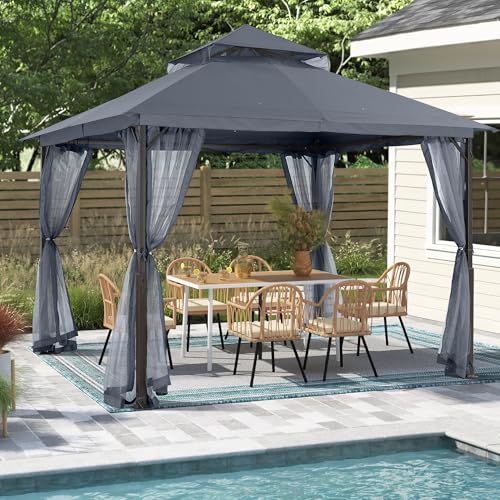 MASTERCANOPY Outdoor Patio Gazebo with Double Roofs, Stable Steel Frame and Mosquito Netting (11x11,Dark Gray) - color: Dark Gray, size: 11x11