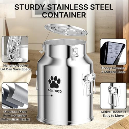 35LBS Large Metal Dog Food Storage Container, Stainless Steel Dog Food Storage Tank, Multifunctional Storage Bin with Lid and Spoon, Food Storage Container for Big Dogs, Keep Fresh, Easy to Clean