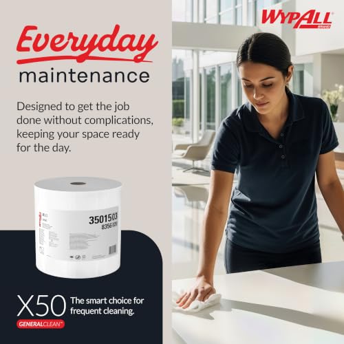 WypAll GeneralClean X50 Cloths Cleaning Wipes (35015), Jumbo, Strong Towels for Extended Use, White (1 Roll of 1,100 Sheets, 1,100 Sheet Total) - size: 1 Count (Pack of 1100), style: Jumbo Roll