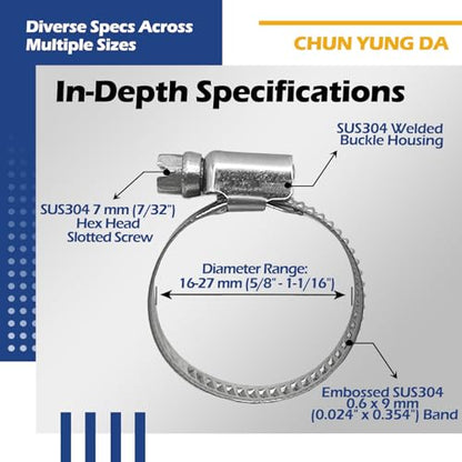10 Pack SAE Size 10 Stainless Steel Hose Clamps, German Style Embossed Worm Gear Clamp, Adjustable 5/8 to 1-1/16 inch (16-27mm) for Automotive Radiator Hose - size: 5/8 to 1-1/16 inch (10 Pack)