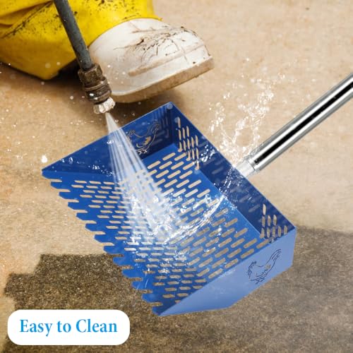 Kalekey Heavy Duty Chicken Coop Rake and Scoop, 15 Inch Extra Large Chicken Coop Rake with Adjustable Stainless Steel Handle (25 to 73 Inch)，Metal Multi-Use Cleaning Shovel for Coops, Beach（Blue） - color: Blue