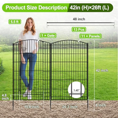 INJOPEXI Decorative Garden Fence 12 Panels 26ft (L)×42in (H) Garden Fences with 11 Panels + 1 Gate, No Dig Animal Barrier Rabbit Fencing Rustproof Metal Wire Temporary Dog Fence for Patio Outdoor Yard - size: 12 Panels 26ft(L)-42"(H) - With Gate
