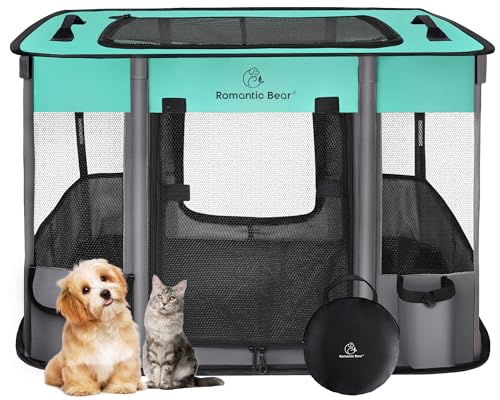 Dog Playpen,Pet Playpen,Foldable Puppy Cat Playpen,Portable Exercise Kennel Tent Crate,Water-Resistant Breathable Shade Cover, Indoor Outdoor Travel Camping Use for Small Animals with Carrying Case(S) - color: Green, size: Small(28"x22"x18")