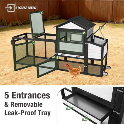 Mobile Chicken Coop Wooden with Wheels, Expandable Outdoor Chicken Tractor with Nesting Box & Pull-Out Tray, Easy-Clean Poultry Coop for 2–3 Chickens & Ducks - color: Black