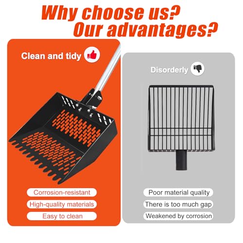 12inch Width Heavy Duty 2-in-1 Chicken Poop Scooper & Rake, Stainless Steel Chicken Coop Litter Sifting Shovel with Ergonomic Grip & Adjustable Angle, Sand Scoop for Coop, 37-54 Inch (12inch) - size: 12inch