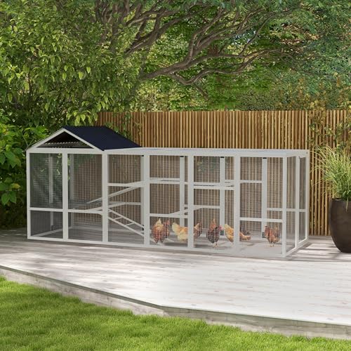 PawHut Wooden Chicken Coop Run for 6-10 Chickens, Hen House, Poultry Cage Add-On with Storage, Perches, 141.75" x 48" x 61", Gray - color: Gray