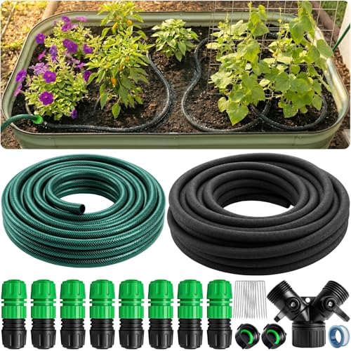 CARPATHEN Soaker Hose Kit, Water Saving Soaker Hose System with 1/2" 50FT Main Line Tubing & Connectors for Deep Root Watering Your Garden, Raised Beds or Greenhouse