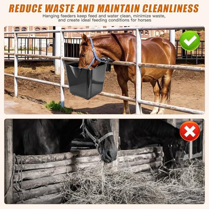 Horse Feed Bucket,15 Quart Plastic Hook Over Horse Feeder for Easy Hanging,Mountable Heavy Duty Livestock Feeders for Horses Sheep Cattle Cows (6)