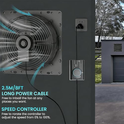 HG Power Upgraded 14 Inch Shutter Exhaust Fan with Speed Controller, 882CFM High-Speed Vent Fan, 1400RPM Wall Mounted Attic Fan with Steel Mesh Screen for Shed, Garage, Greenhouse Ventilation, Black - size: 14 Inch w/ Speed Controller