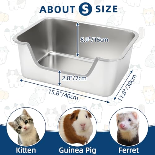 FHTONGE Low Entry Stainless Steel Cat Litter Box, Splash-Proof High Wall Metal Kitty Litter Box Kitten Toilet for Senior Arthritis Surgery Injured Disabled Munchkin Smaller Pregnant Cat, 15.8x13.8 - size: 15.8x11.8"(40x30cm) for Kitten