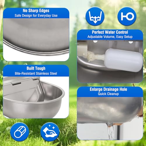 Automatic Livestock Water Bowl Float Valve Self-Filling Dog Goat Chicken | 304 Stainless Steel Animal Waterer Auto Refill, Horse Pig Cow Sheep Cat, Drainage, 3/4" GHT Hose & Mounting Bolts, Farm Ranch