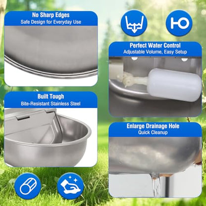 Automatic Livestock Water Bowl Float Valve Self-Filling Dog Goat Chicken | 304 Stainless Steel Animal Waterer Auto Refill, Horse Pig Cow Sheep Cat, Drainage, 3/4" GHT Hose & Mounting Bolts, Farm Ranch
