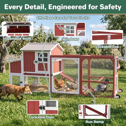 Large Chicken Coop with Wheels, Outdoor Hen House Tractor for 3-6 Chickens | 3 Nesting Boxes, 6 Access Doors, Pull-Out Tray, Mobile, Expandable, Easy-Clean, Breathable, 95"L - size: 95.0"L x 32.0"W x 45.0"H