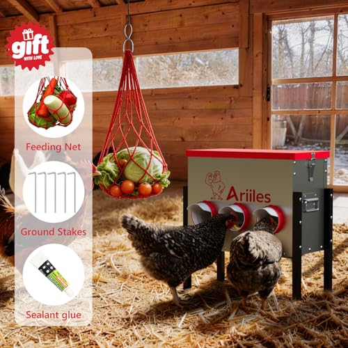 Automatic Chicken Feeder Box, 40lb Capacity, 6 No-Waste Ports, Metal Poultry Feeder with Covered Lid & Elevated Stand, Feed Dispenser for Chickens, Ducks & Backyard - size: 40 LB
