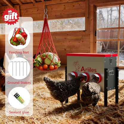 Automatic Chicken Feeder Box, 40lb Capacity, 6 No-Waste Ports, Metal Poultry Feeder with Covered Lid & Elevated Stand, Feed Dispenser for Chickens, Ducks & Backyard - size: 40 LB