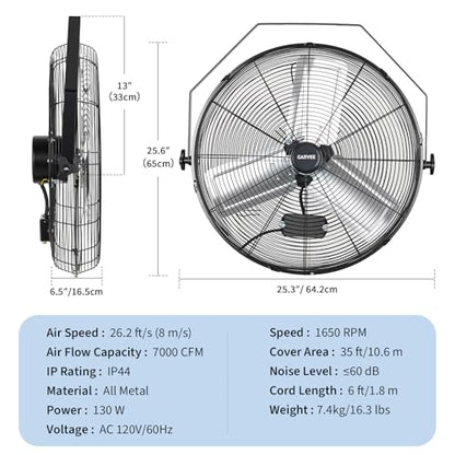 Garvee 24 Inch Wall Mount Fan, 7000 CFM 3 Speeds High Velocity Industrial Fan with 360° Tilt Head, IP44 Waterproof Heavy-Duty Aluminum Blades for Workshop, Warehouse, Greenhouse, Commercial - size: 24 Inch