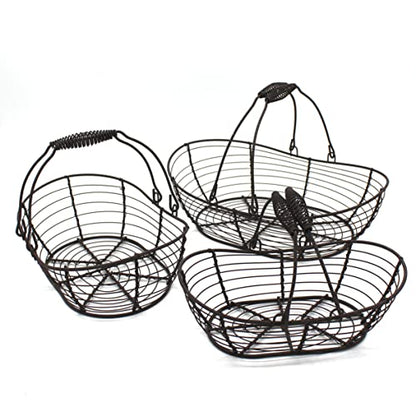 CVHOMEDECO. Oval Metal Wire Storage Baskets Rustic Egg Baskets with Swing Handles Farmhouse Gathering Baskets. Rusty, Set of 3