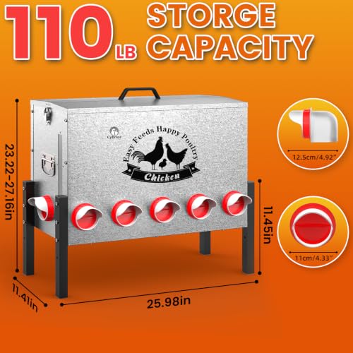 21Gal Large Automatic Chicken Feeder - 12 Port No Waste Poultry Feeder, Rust-Proof Alloy Steel with Locking Lid & Adjustable Legs for Chickens, Ducks, Geese, Poultry - size: 21GAL-110LB