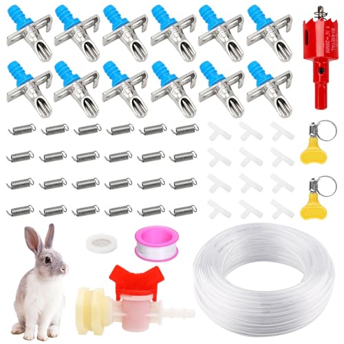 Automatic Rabbit Nipple Drinker Kit, 12 Sets No-Leak Water Nipples with 19FT Hose & Installation Tools, Steel & ABS Bite-Proof Watering System for Rabbits, Poultry, Chinchillas & Small Caged Animals