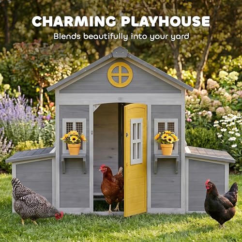 PawHut Wooden Chicken Coop, Hen House for 2-4 Hens, Outdoor Playhouse Poultry Cage with 2 Nesting Boxes, Waterproof Roof, Windows, Chicken Hutch for Farm Backyard, 72" x 50" x 54", Gray - color: Gray
