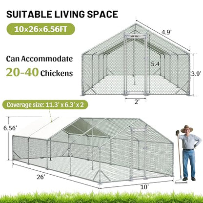 Metal Chicken Coop 26×10×6.56FT,Chicken Run Pen with Spire Roof,Water-Proof and UV-Proof Cover,Secure Mesh Walk-in Hens Fence with Lockable Door,Poultry Cage for Small Animal Like Hens,Ducks,Rabbits - size: 312.0"L x 81.0"W x 81.0"H