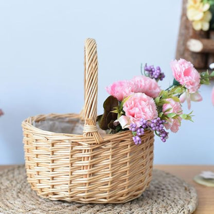 Wicker Easter Basket with Handle, Wicker Picnic Basket Flower Girl Basket Small Woven Gift Basket for Kids Egg Hunt, Candy, Eggs and Bunny Charm, Spring Party Decor Wedding (7.86 x 6.68 x 3.94 Inch)